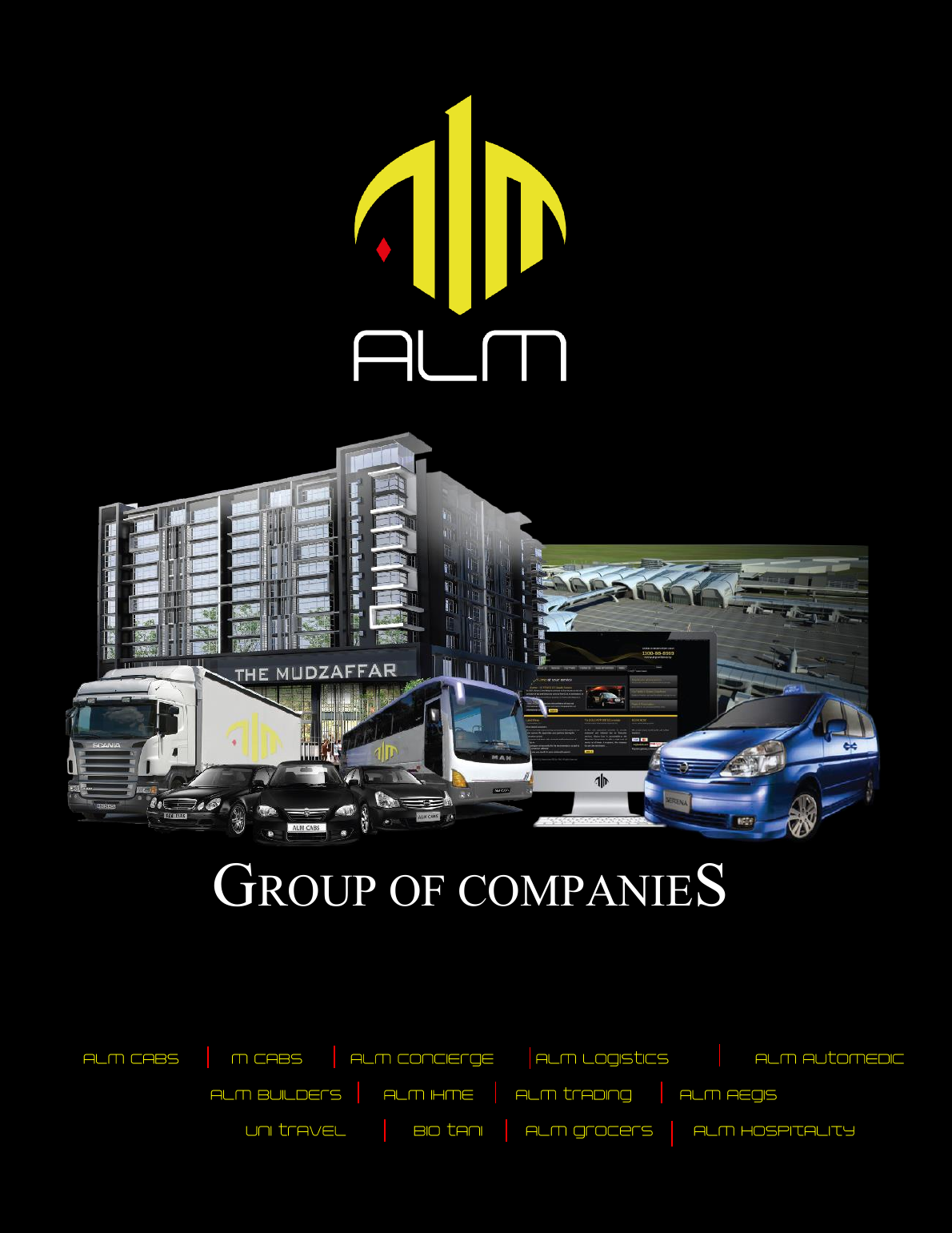 ALM Group of Companies profile cover showing vehicles, building and group divisions